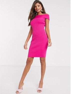 Ted Baker One-Shoulder Ribbed Bodycon Dress in Hot Pink